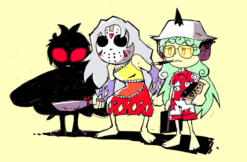 komano aunn, eternity larva, sakata nemuno, jason voorhees, mothman, and 1 more (touhou and 2 more) drawn by setz