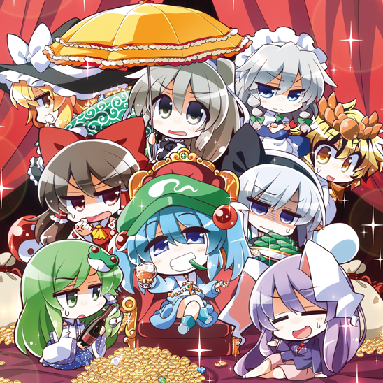 hakurei reimu, kirisame marisa, izayoi sakuya, kochiya sanae, konpaku youmu, and 4 more (touhou and 1 more) drawn by akaneya