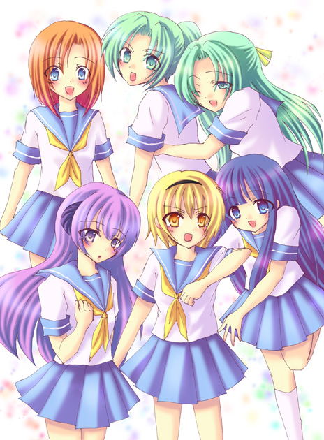 furude rika, ryuuguu rena, houjou satoko, sonozaki mion, hanyuu, and 1 more (higurashi no naku koro ni) drawn by mizuno_yun