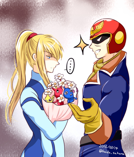 samus aran, red pikmin, yellow pikmin, blue pikmin, white pikmin, and 1 more (super smash bros. and 3 more) drawn by kaidou_mitsuki