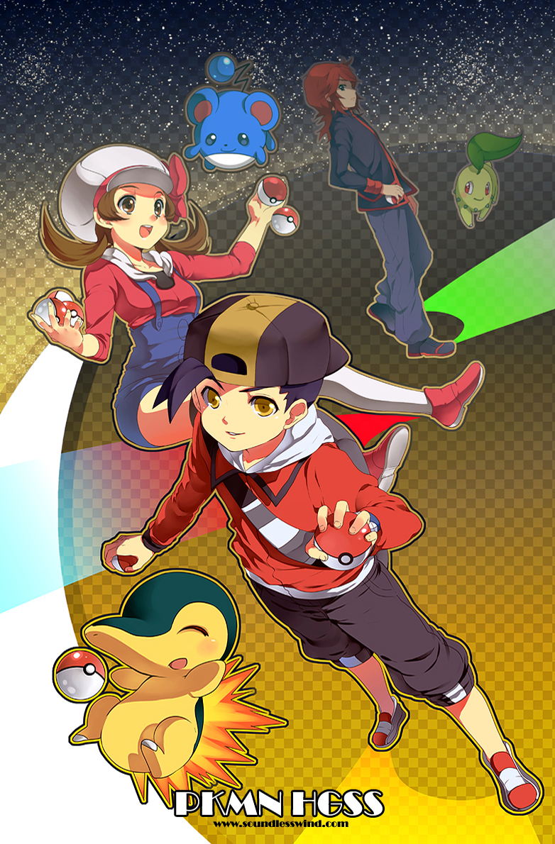 ethan, lyra, silver, cyndaquil, chikorita, and 1 more (pokemon and 1 more) drawn by kaze-hime
