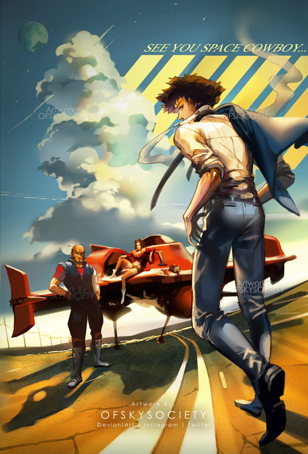faye valentine, spike spiegel, jet black, and swordfish ii (cowboy bebop) drawn by alice_jing