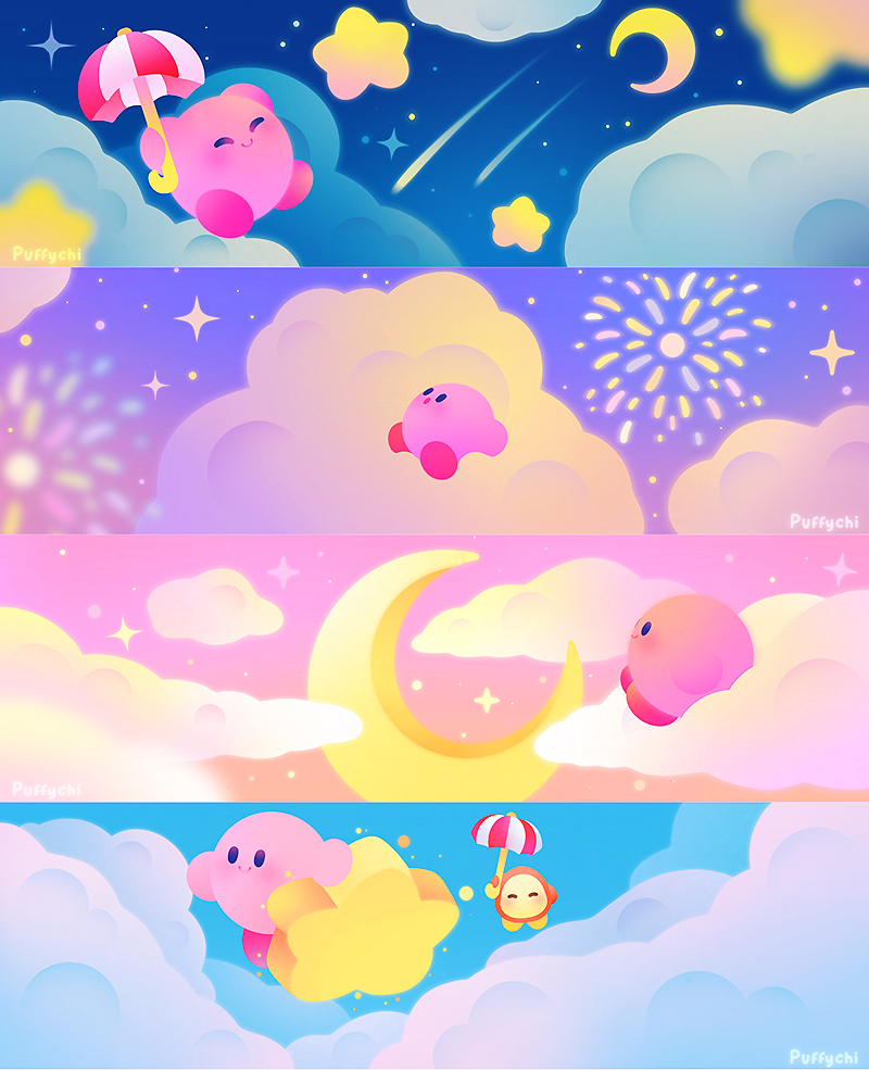 kirby, waddle dee, parasol kirby, and parasol waddle dee (kirby) drawn by puffychii