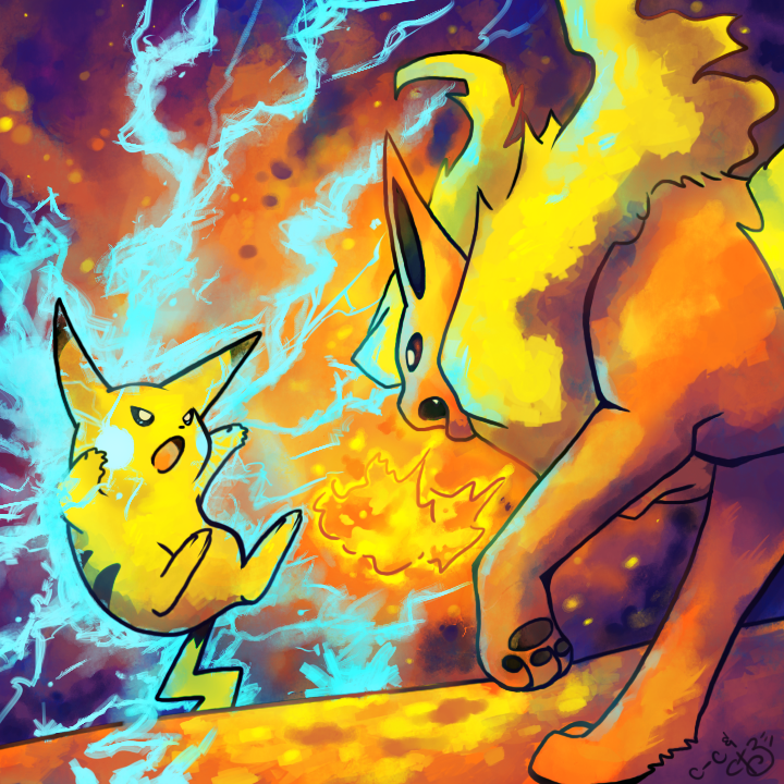 pikachu and flareon (pokemon) drawn by celine_(spleen) and crayonchewer