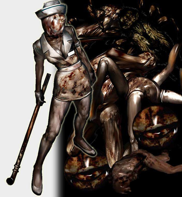 bubble head nurse, mannequin, lying figure, mandarin, and abstract daddy (silent hill and 1 more) drawn by masahiro_ito