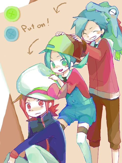 ethan, silver, kris, and totodile (pokemon and 2 more) drawn by mrokr