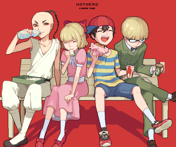 ness, paula, jeff andonuts, and poo (mother and 1 more) drawn by aruk