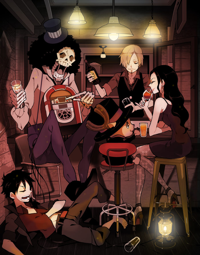 monkey d. luffy, nico robin, sanji, tony tony chopper, and brook (one piece) drawn by heri_(azame)
