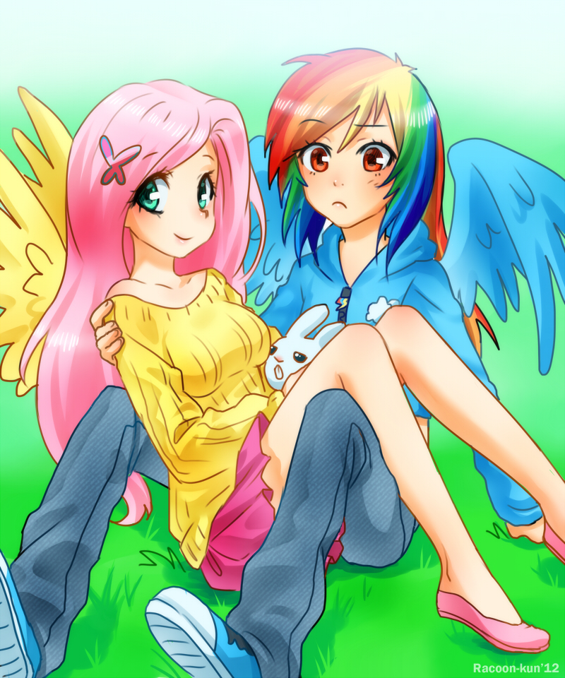 fluttershy, rainbow dash, and angel bunny (my little pony and 1 more) drawn by racoon-kun