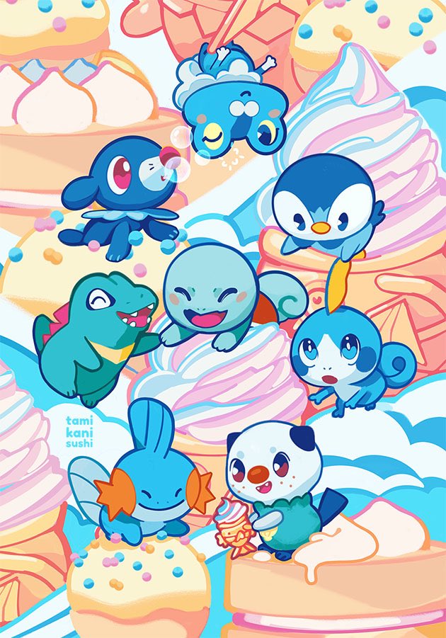 piplup, oshawott, squirtle, sobble, popplio, and 4 more (pokemon) drawn by tamikanisushi