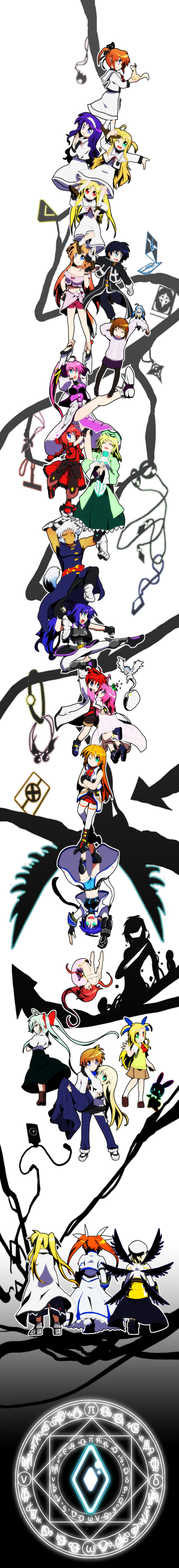 fate testarossa, takamachi nanoha, yagami hayate, raising heart, bardiche, and 36 more (lyrical nanoha and 7 more) drawn by tsuki_kaname