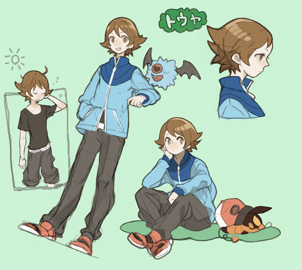 hilbert, tepig, and woobat (pokemon and 1 more) drawn by 9_(saki-ooo-kiyu)