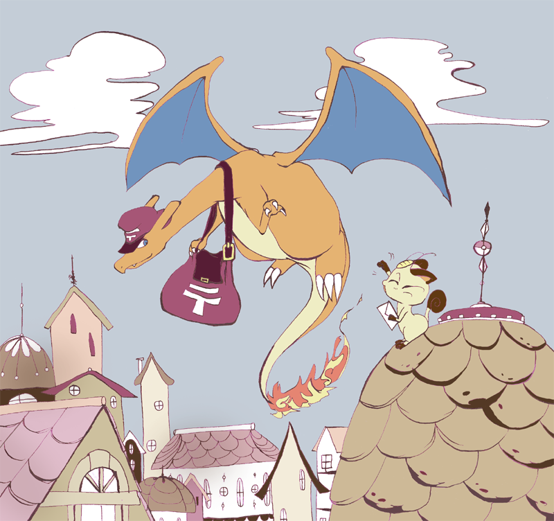 charizard and meowth (pokemon and 1 more) drawn by ranranrakko