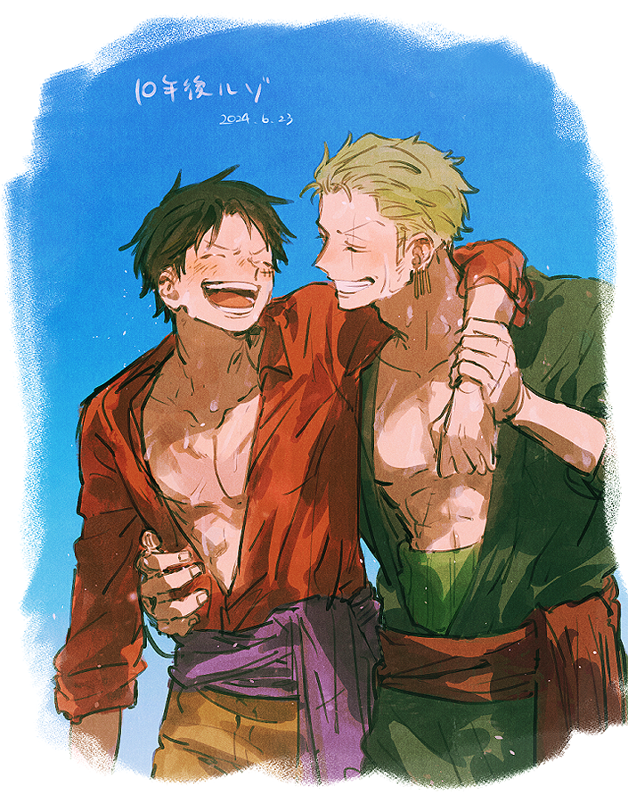 monkey d. luffy and roronoa zoro (one piece) drawn by gohan_ooo