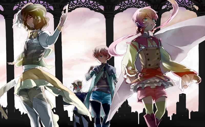tomoe mami, kirino ranmaru, shindou takuto, matsukaze tenma, and endou mamoru (mahou shoujo madoka magica and 2 more) drawn by komkomx