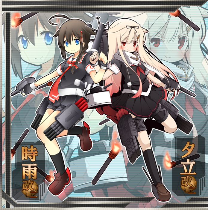 shigure, yuudachi, shigure kai ni, and yuudachi kai ni (kantai collection) drawn by mori_no_kaeru and ryuuto_(firuma)
