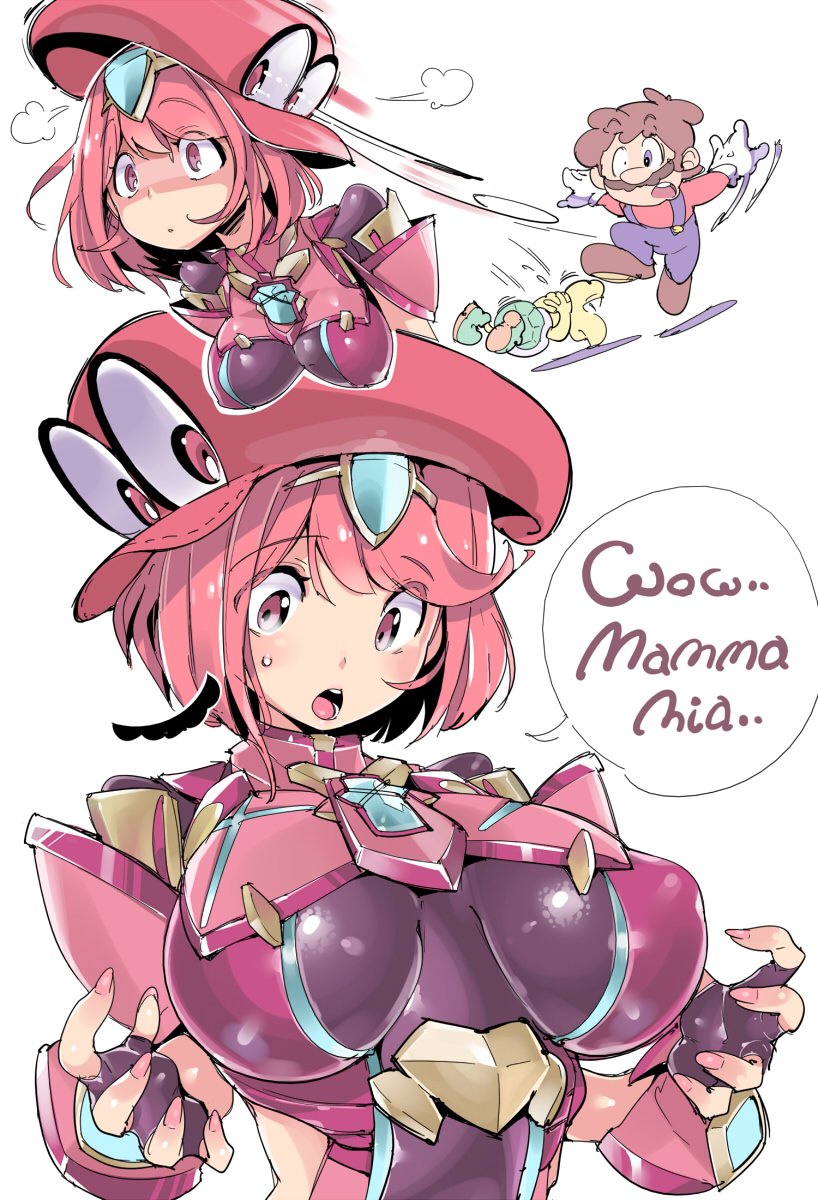 pyra, mario, koopa troopa, and cappy (mario and 3 more) drawn by chris_(mario)