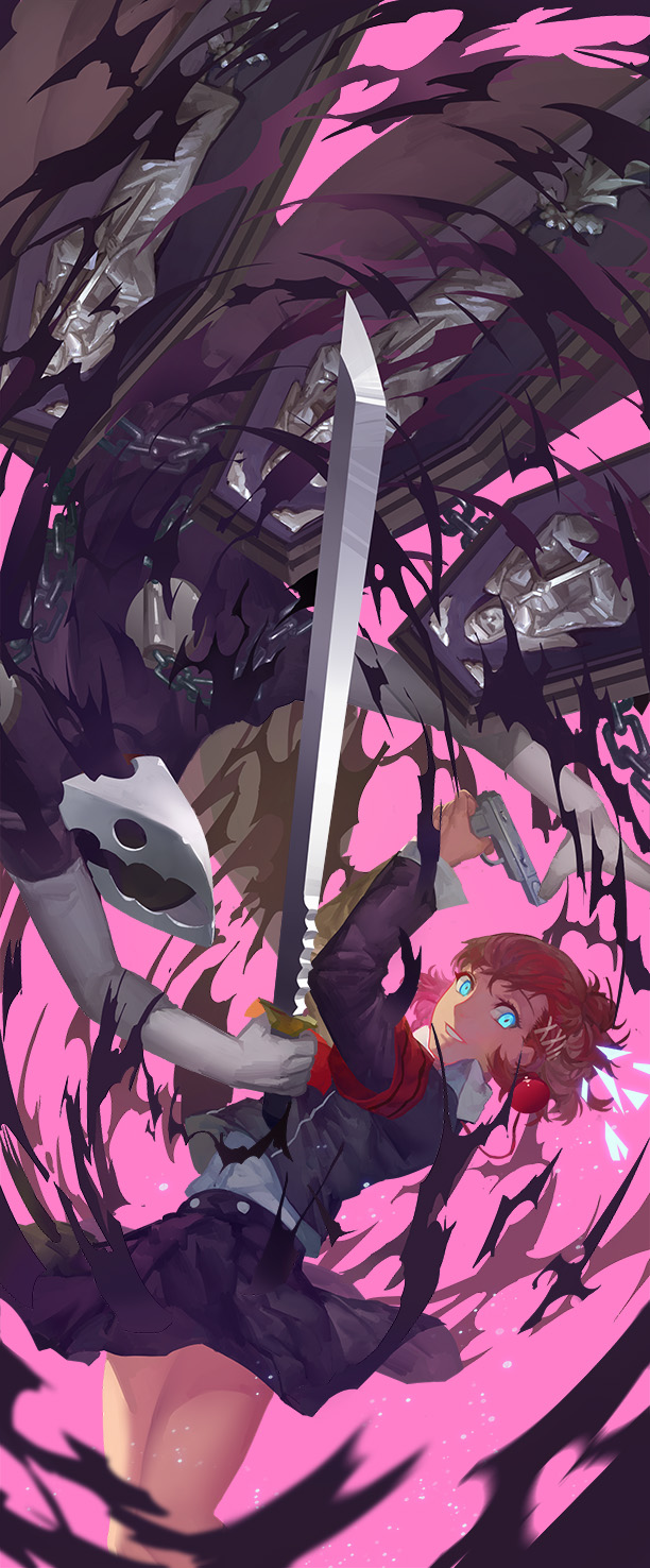 shiomi kotone and thanatos (persona and 2 more) drawn by club3