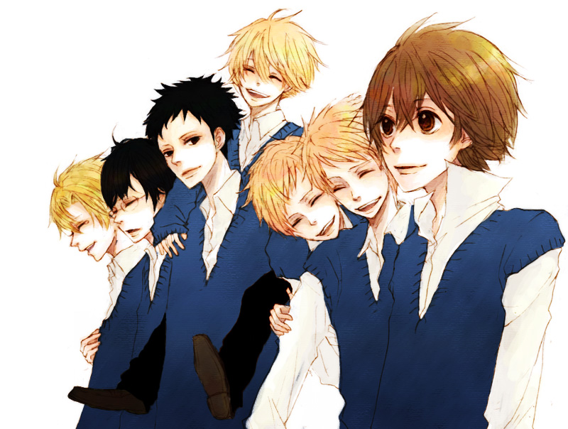 fujioka haruhi, suou tamaki, hitachiin hikaru, hitachiin kaoru, haninozuka mitsukuni, and 2 more (ouran high school host club) drawn by sai_(pirka)