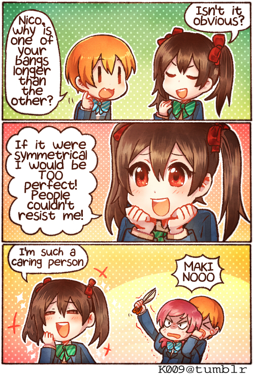 nishikino maki, yazawa nico, and hoshizora rin (love live! and 1 more) drawn by kataro