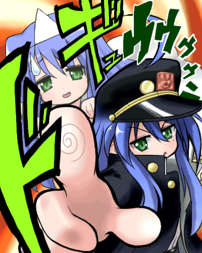 kujo jotaro, izumi konata, and izumi kanata (jojo no kimyou na bouken and 1 more) drawn by fjt_(fjym2)