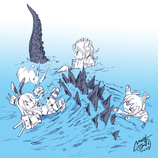 shimakaze, ikazuchi, rensouhou-chan, kagerou, and godzilla (kantai collection and 1 more) drawn by nishikawa_shinji