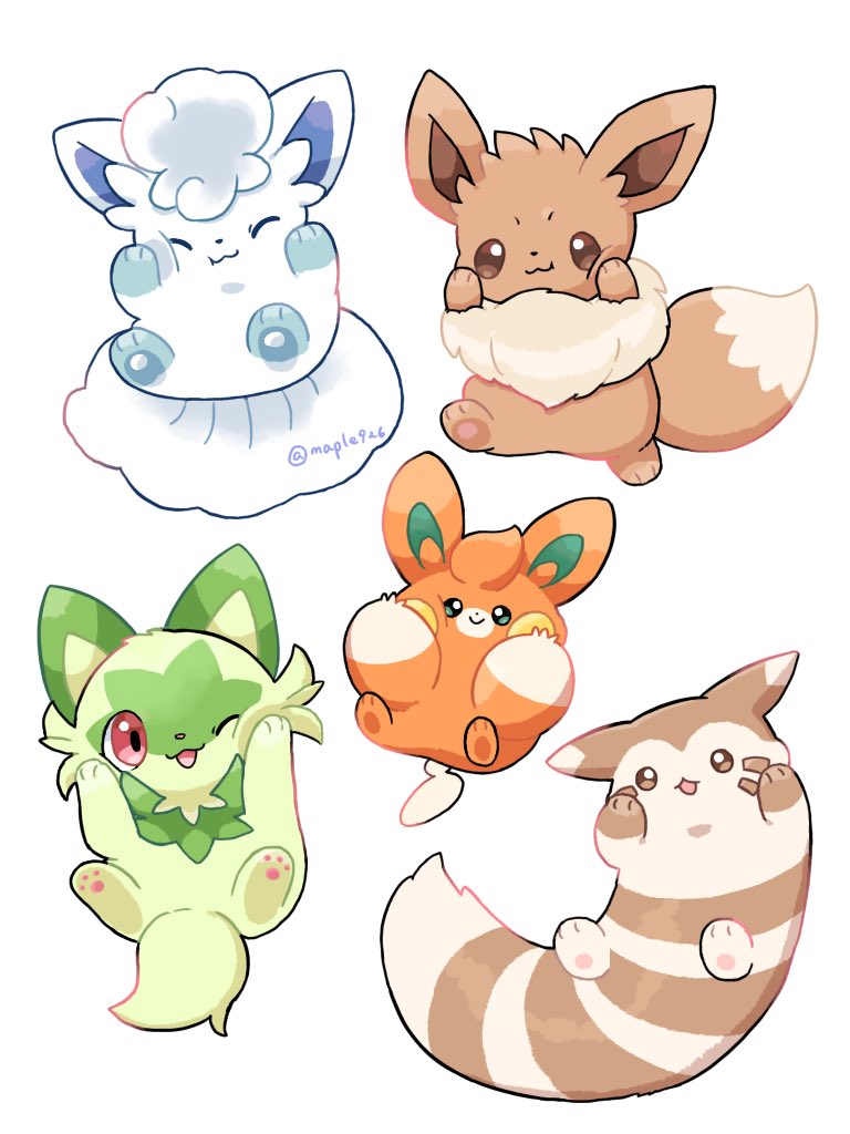 eevee, sprigatito, alolan vulpix, furret, and pawmi (pokemon) drawn by kana_(maple926)