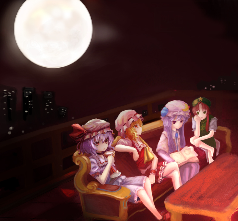 remilia scarlet, flandre scarlet, patchouli knowledge, and hong meiling (touhou) drawn by niangao