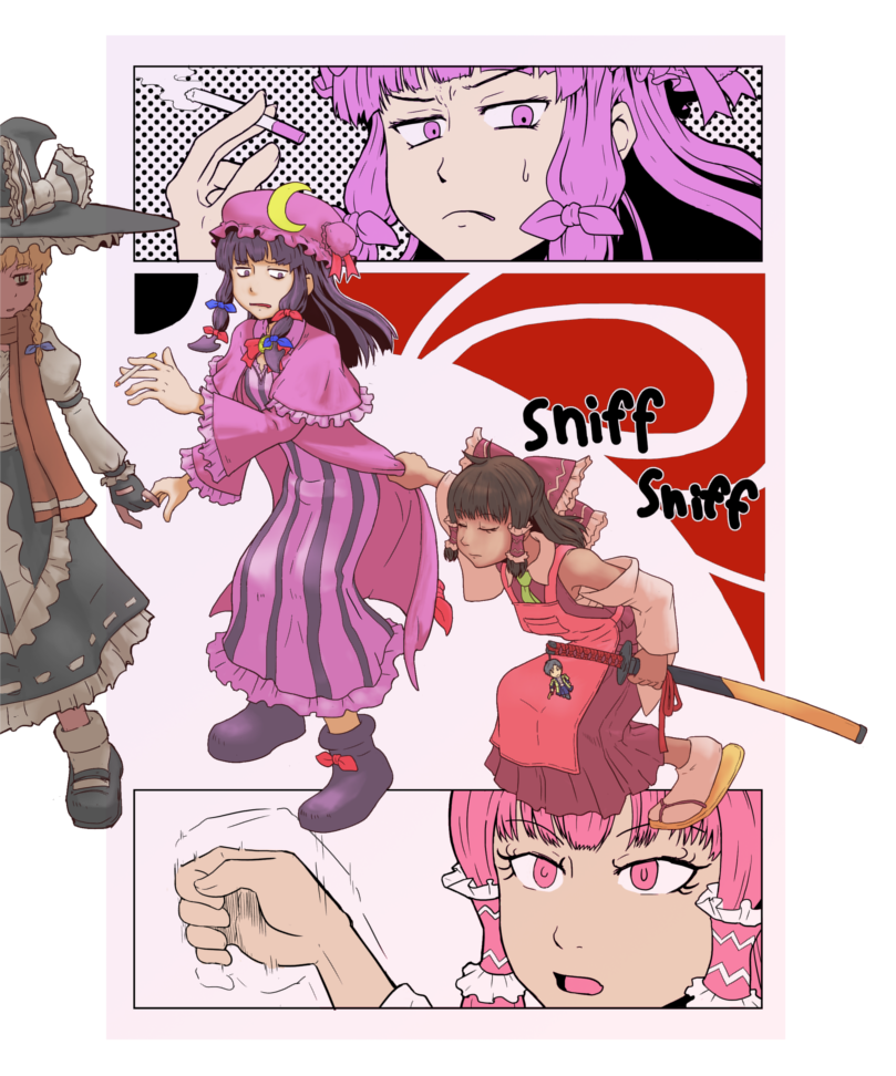hakurei reimu, kirisame marisa, patchouli knowledge, mars, heshikiri hasebe, and 2 more (touhou and 2 more) drawn by ddd_(nicoseiga51845241)