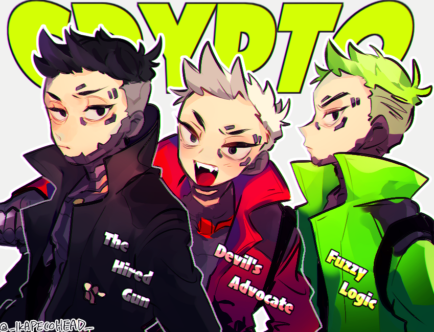 crypto, devil's advocate crypto, the hired gun crypto, and fuzzy logic crypto (apex legends) drawn by repikinoko
