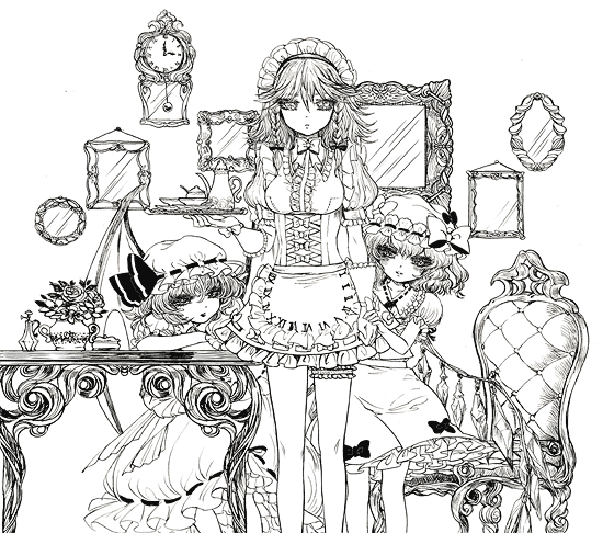 remilia scarlet, flandre scarlet, and izayoi sakuya (touhou) drawn by takatora