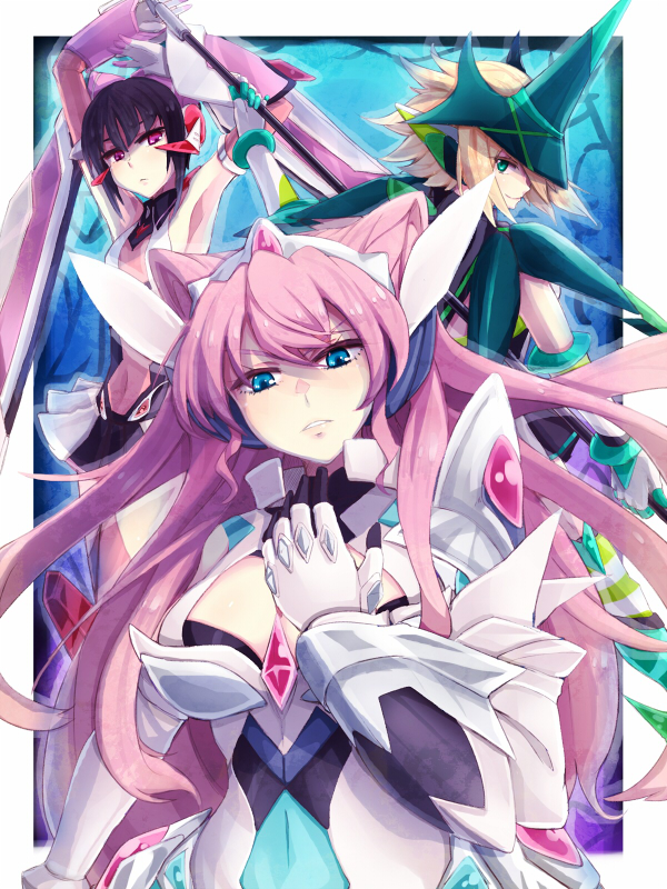 akatsuki kirika, tsukuyomi shirabe, and maria cadenzavna eve (senki zesshou symphogear) drawn by yude