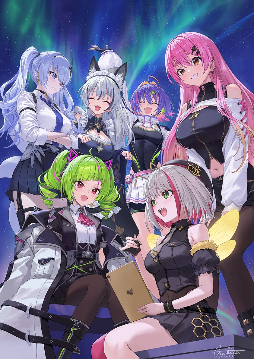 delutaya, aizono manami, tentei forte, inari iroha, solari riko, and 1 more (nijisanji and 5 more) drawn by guchico