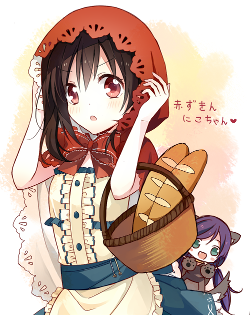 tojo nozomi, yazawa nico, little red riding hood, and big bad wolf (love live! and 3 more) drawn by yimu