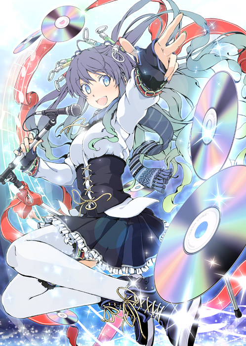 A gray-haired young woman wearing hitop shoes, a witch outfit, and colorful rods in her hair. She is speaking into a microphone and happily throwing away iridescent CDs.