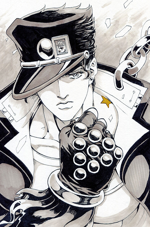 kujo jotaro and star platinum (jojo no kimyou na bouken and 1 more) drawn by lanxjourney