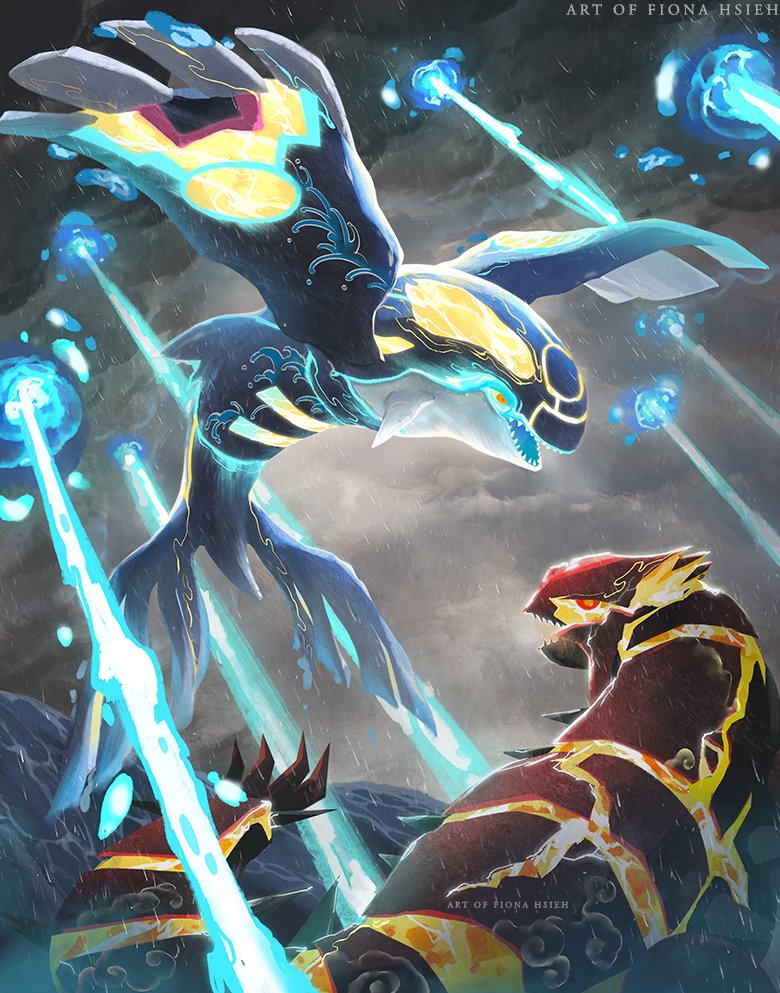 kyogre, groudon, primal kyogre, and primal groudon (pokemon) drawn by lunaurum