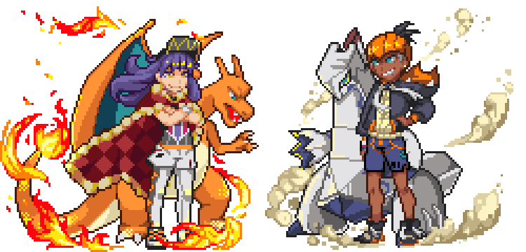 leon, raihan, charizard, and duraludon (pokemon and 1 more) drawn by k-shiki