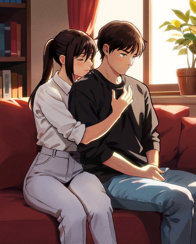 mikasa ackerman and eren yeager (shingeki no kyojin) drawn by 1216liddell