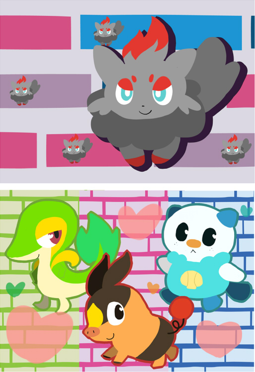 oshawott, snivy, tepig, and zorua (pokemon and 1 more) drawn by tomoy_(syurio)