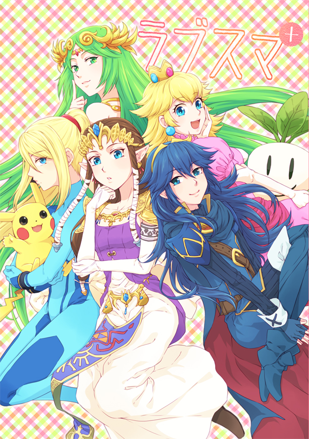 pikachu, princess zelda, princess peach, samus aran, lucina, and 1 more (pokemon and 9 more) drawn by saiba_(henrietta)