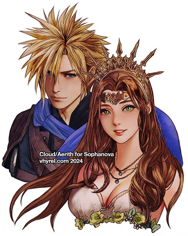 cloud strife and aerith gainsborough (final fantasy and 3 more) drawn by vhyrel