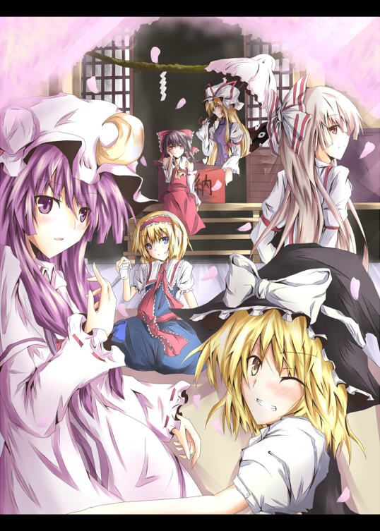 hakurei reimu, kirisame marisa, alice margatroid, patchouli knowledge, yakumo yukari, and 1 more (touhou) drawn by ram_hachimin