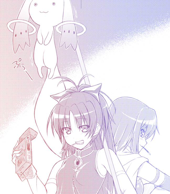 miki sayaka, sakura kyoko, and kyubey (mahou shoujo madoka magica) drawn by shinohara_shinome