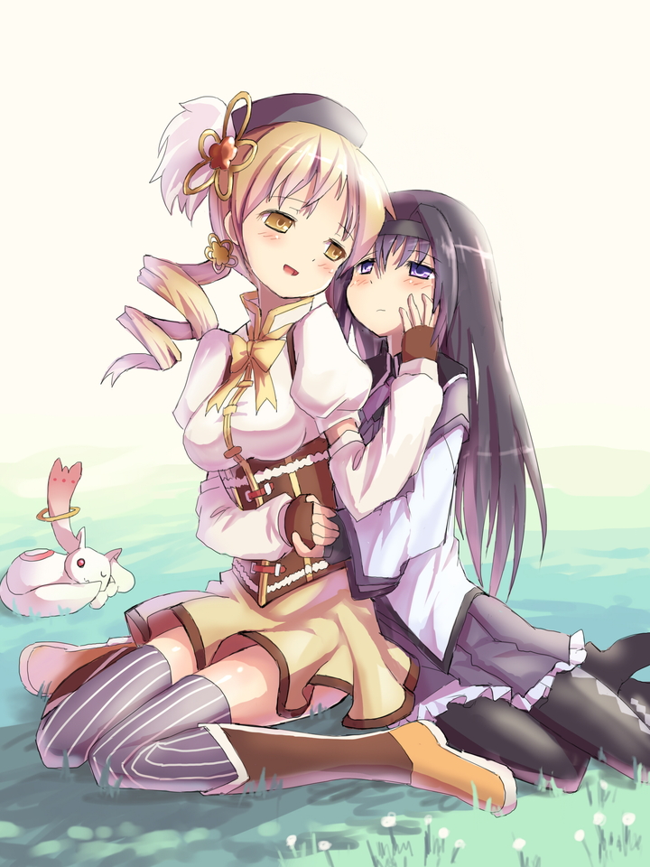 akemi homura, tomoe mami, and kyubey (mahou shoujo madoka magica) drawn by hakkotsu_shitai