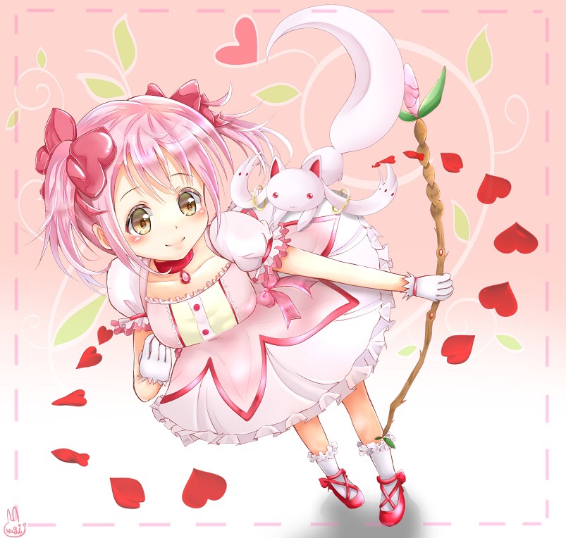 kaname madoka and kyubey (mahou shoujo madoka magica) drawn by nachosu