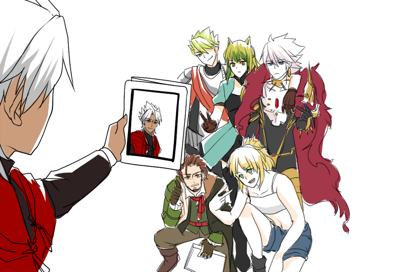 mordred, karna, atalanta, achilles, amakusa shirou, and 1 more (fate and 1 more) drawn by heru_(goldprin)