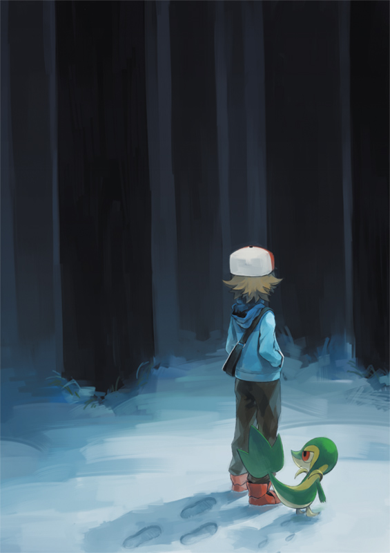 hilbert and snivy (pokemon and 1 more) drawn by tetsuko_(tetsuko009)