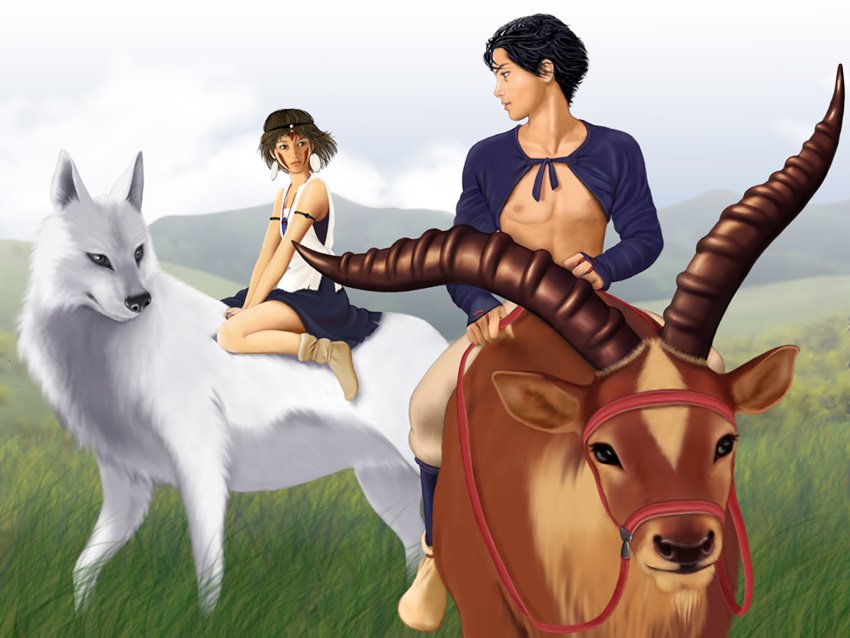 san, ashitaka, moro no ichizoku, and yakul (mononoke hime)