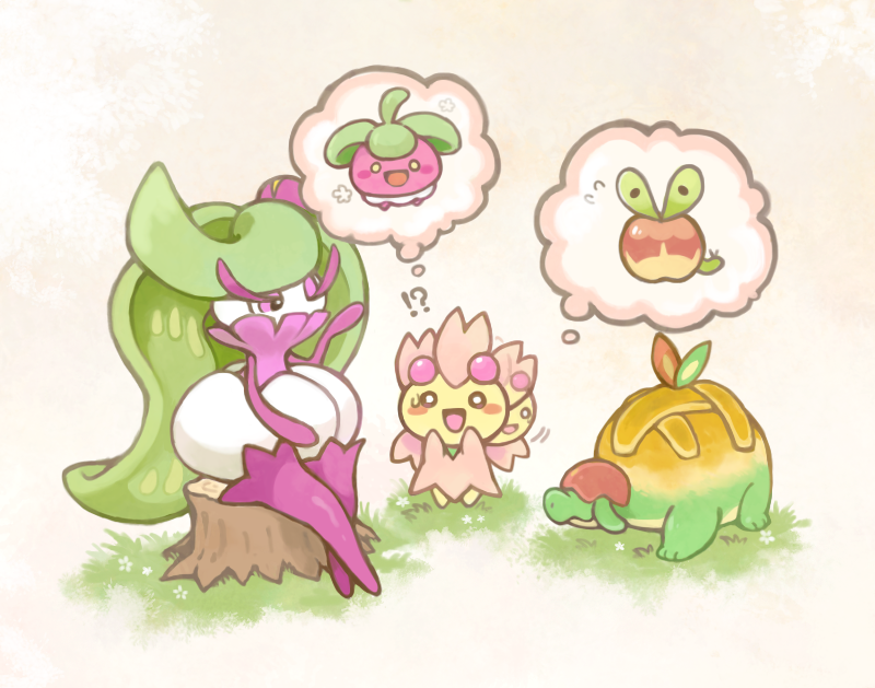 applin, tsareena, bounsweet, cherrim, and appletun (pokemon) drawn by konanbo
